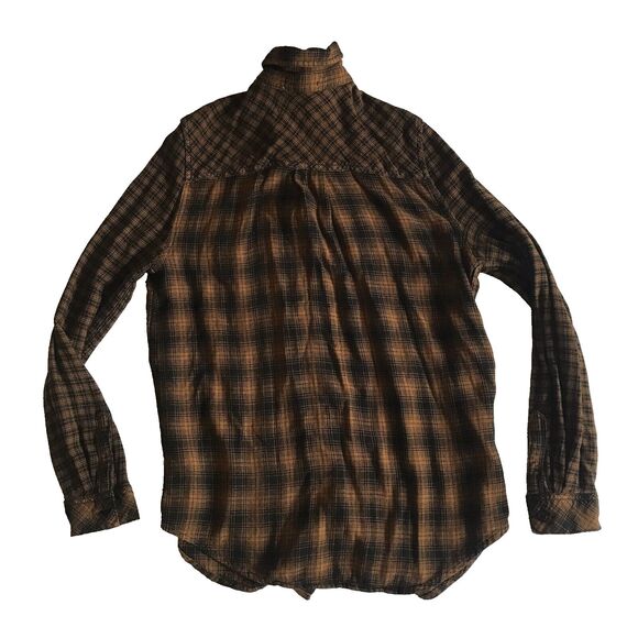 Maurices Womens Button Down Flannel Top S Brown Black Plaid Rayon Shirt Pocket - Picture 2 of 9